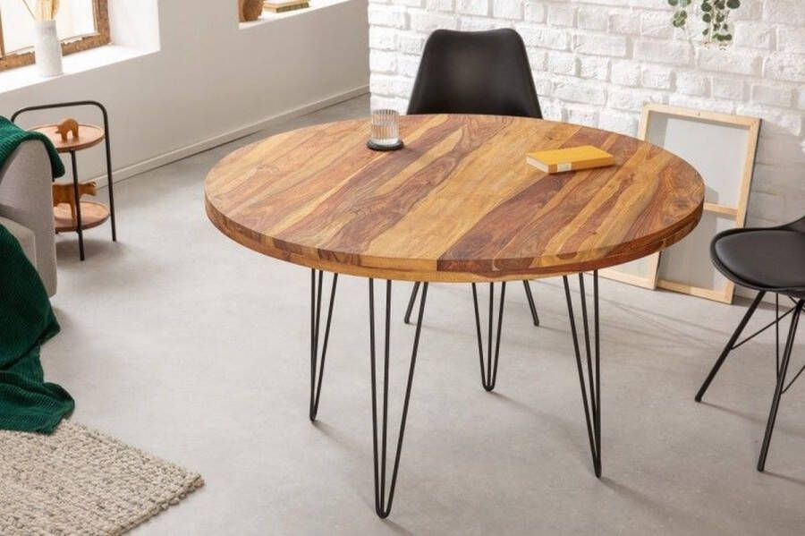 Invicta Interior Ronde eettafel MAKASSAR 120cm naturel zwart Sheesham massief hout Haarspeldpoten 40780