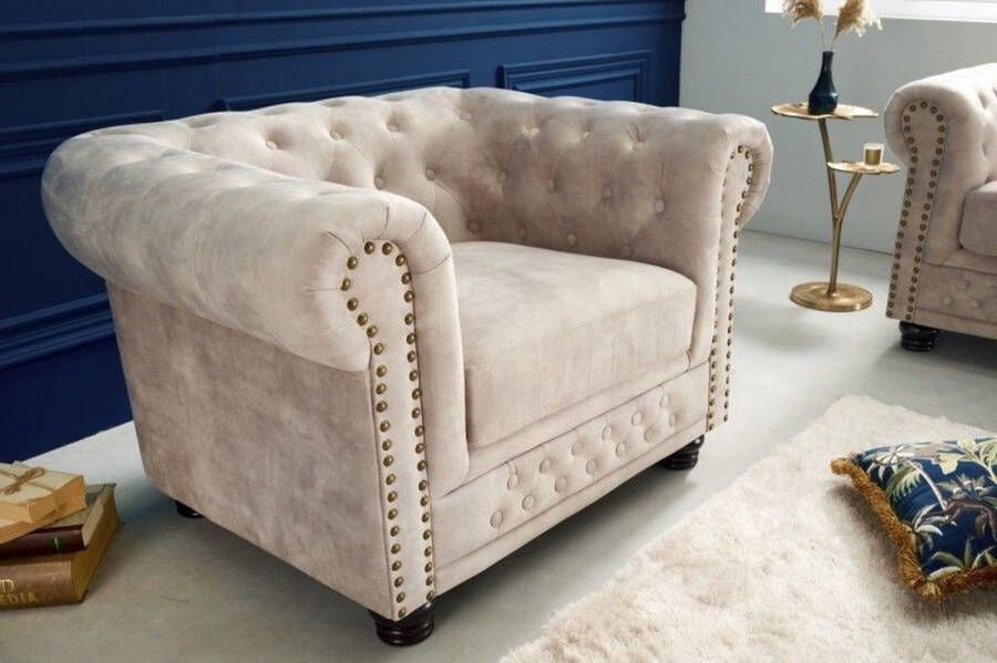 Invicta Interior Chesterfield fauteuil 110cm fluweel champagne met knoopstiksel en veerkern 42312