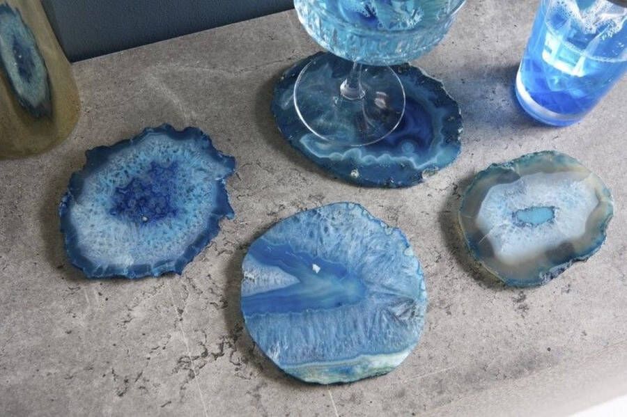 Invicta Interior Set van 4 onderzetters voor glazen COASTER 10cm blauwe edelsteen agaatkwarts handgemaakt 41556