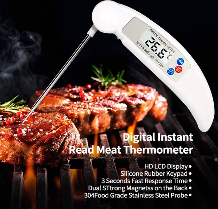 ByMouna Digitaal BBQ Vlees Thermometer waterdicht- Meater keuken met Timer en Alarm-Voedselthermometer- Lcd-display Braadthermometer- Oventhermometer Huishoudthermometer-Wit
