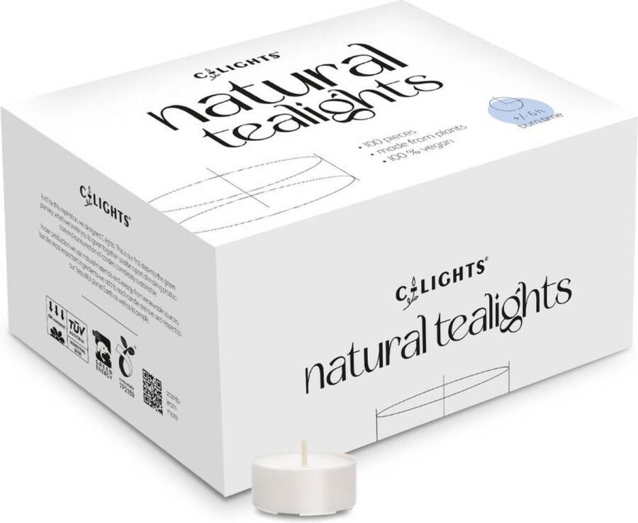 C-Lights Natuurlijke Theelichten Waxinelichtjes 100 stuks 100% Plantaardige Wax & Eco-katoenen lont Vegan -Duurzaam