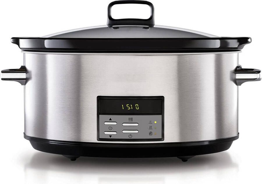 C pot CrockPot Slowcooker met Timer Slowcooker met 3 Warmtestanden Elektrische Slowcooker met Uitneembare Keramische Binnenpan Vaatwasmachinebestendig 7.5 L Zilver