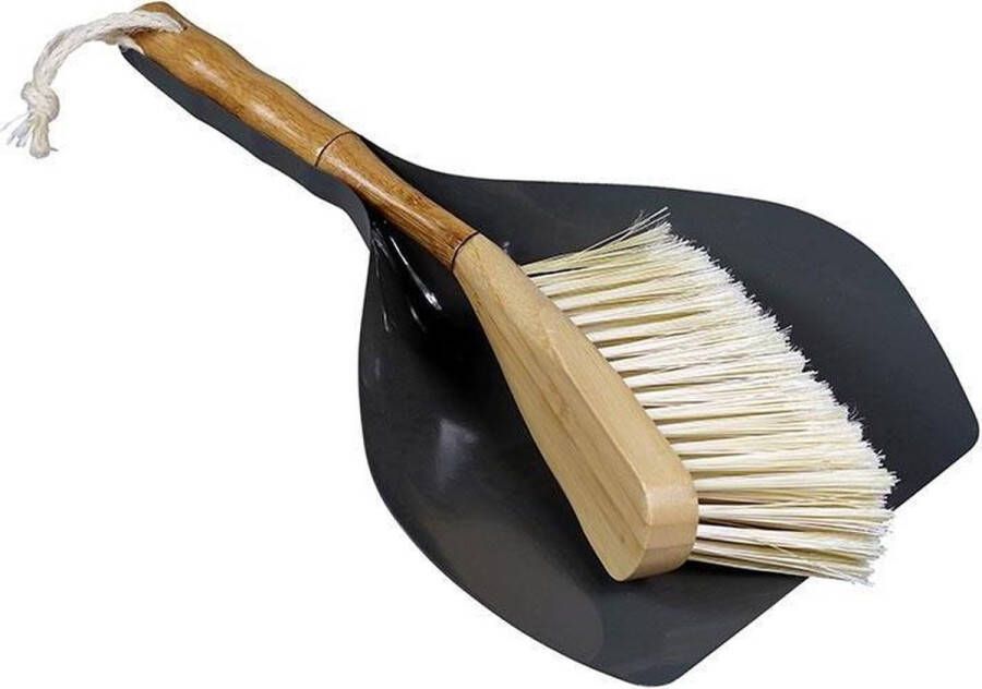 Cabanaz stoffer en blik metaal en bamboe incl. magneet DUSTPAN & BRUSH grijs