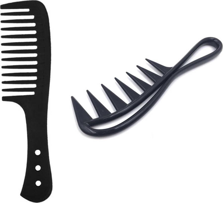 Cabantis 2-delige set Krullenkam met Handvat en Brede grove shark kam Styling Tool Wide Tooth Comb -Kapper Kam Set van 2