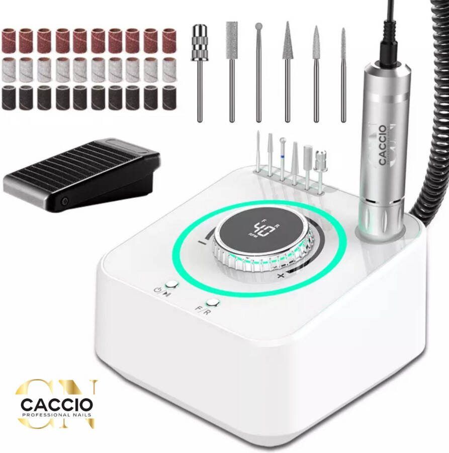 CACCIO NAILS CACCIO Wit Nagelfrees 40.000 RPM Electrische Nagelvijl Licht Gewicht Technologie Inclusief 6 bitjes doosje 36 schuurrolletjes Manicure Pedicure Voeten en Handen Nieuw Technologie Nagelfrees