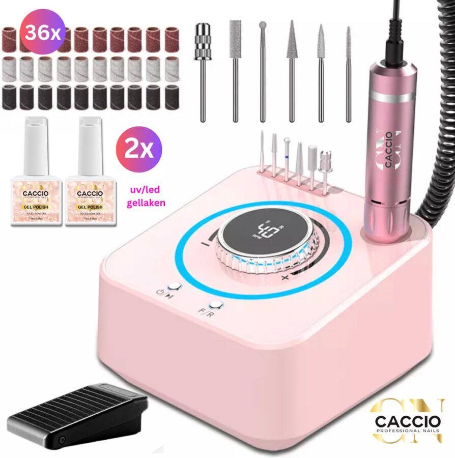 CACCIO NAILS Roze Nagelfrees 40.000 RPM Electrische Nagelvijl 2x15 ml UV LED gellakken Licht Gewicht Technologie Inclusief 6 bitjes doosje 36 schuurrolletjes Manicure Pedicure Voeten en Handen Nieuw Technologie Nagelfrees