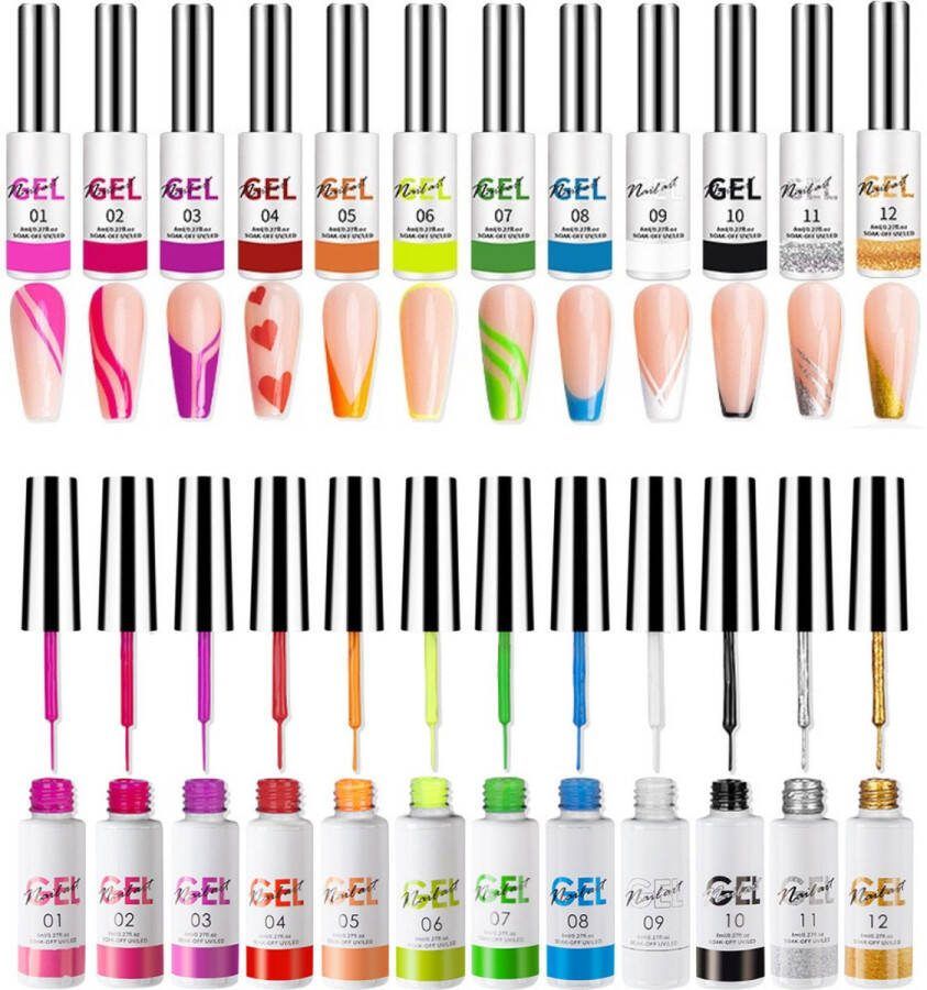 CACCIO NAILS UV LED Gel nagellak Stripers 12x8 ml uv led gellak flesjes 12 UV LED Gel Liner Set nageldroger nepnagels uvled lamp Gelnagels UV LED Gel nagellak Hoge Pigment
