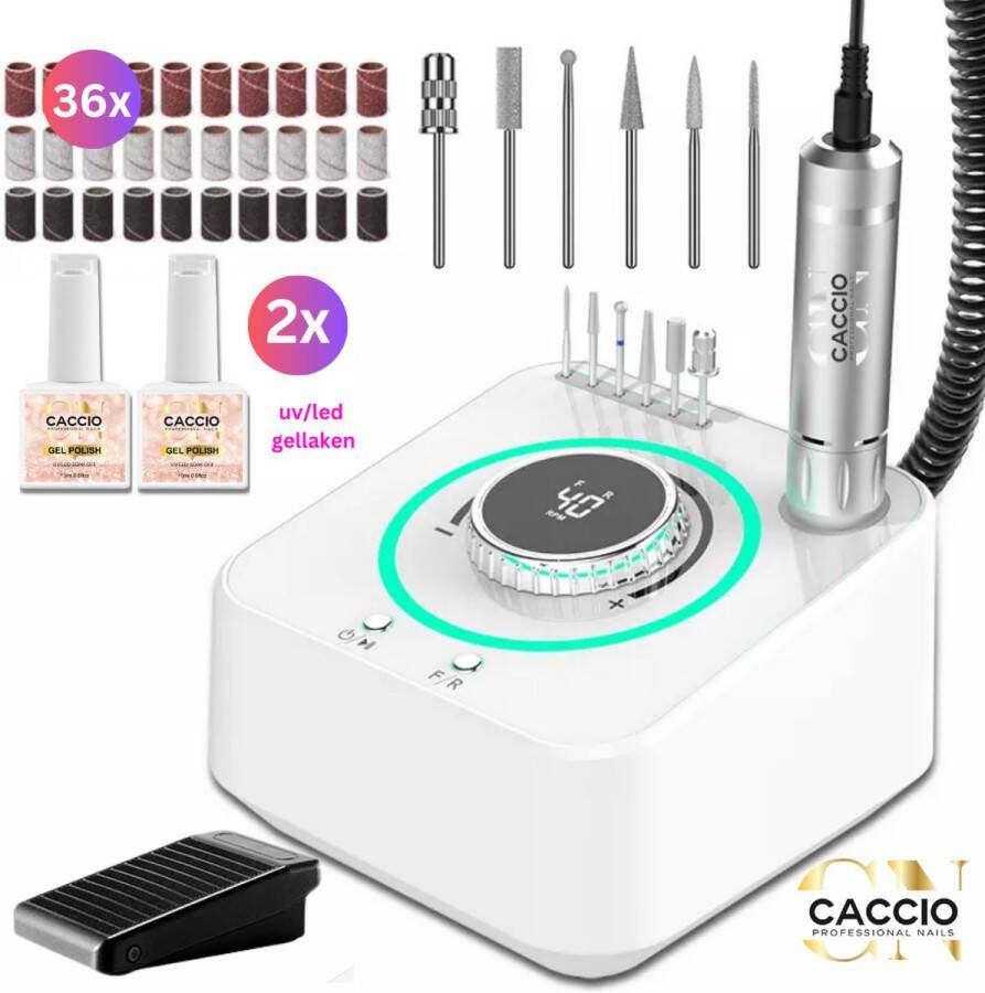 CACCIO NAILS Wit Nagelfrees 40.000 RPM Electrische Nagelvijl 2x15 ml UV LED gellakken Licht Gewicht Technologie Inclusief 6 bitjes doosje 36 schuurrolletjes Manicure Pedicure Voeten en Handen Nieuw Technologie Nagelfrees