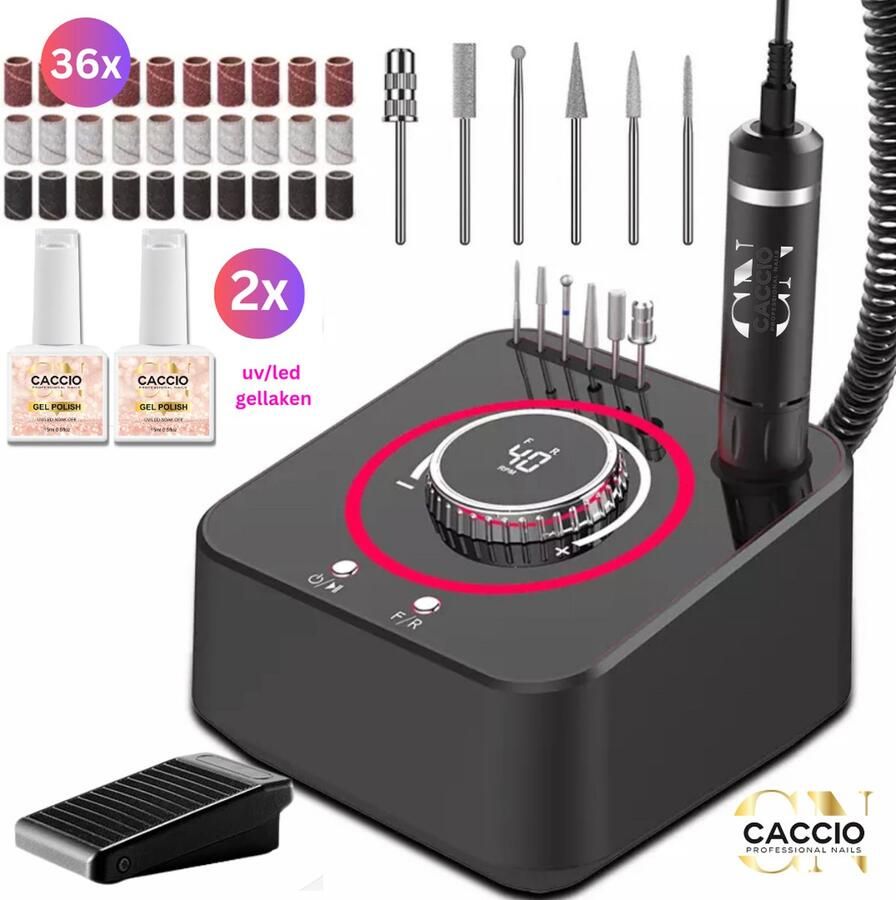 CACCIO NAILS Zwart Nagelfrees 40.000 RPM Electrische Nagelvijl 2x15ml UV LED Gellakken Licht Gewicht Technologie Inclusief 6 bitjes doosje 36 schuurrolletjes Manicure Pedicure Voeten en Handen Nieuw Technologie Nagelfrees