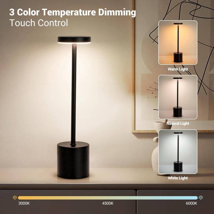Cacious Tafellamp Tafel Lamp Draadloze taffelamp Oplaadbaar Nachtlamp Bureulamp LED Zwart
