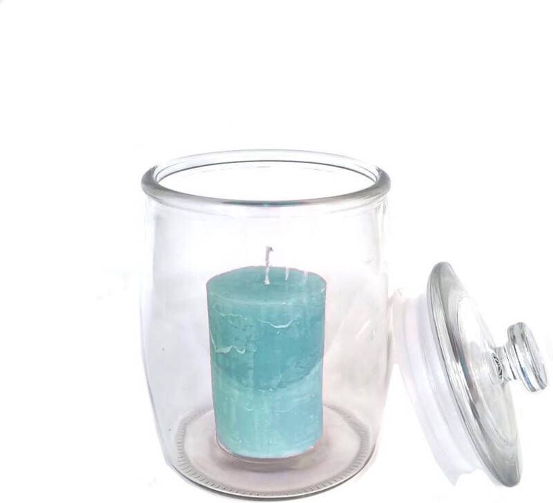 Cactula glazen pot windlicht met stompkaars en deksel 18 cm hoog diameter 12 cm | Blauw