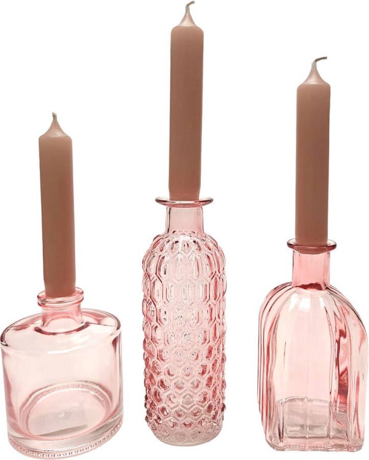 Cactula set van 3 roze glazen kandelaren flesjes met bijpassende kaarsen