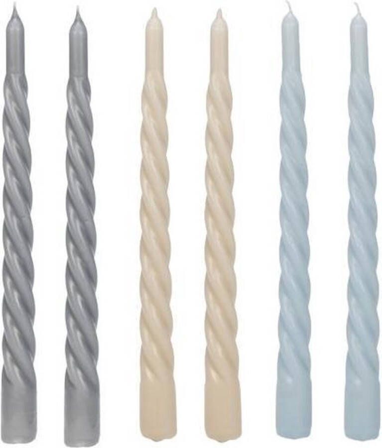 Cactula Swirl Kaarsen | Set van 6 in 3 verschillende kleuren | 2 3 x 29 cm | Trend 2021 | Lange Dinerkaarsen | IJs Grey Beige Blue