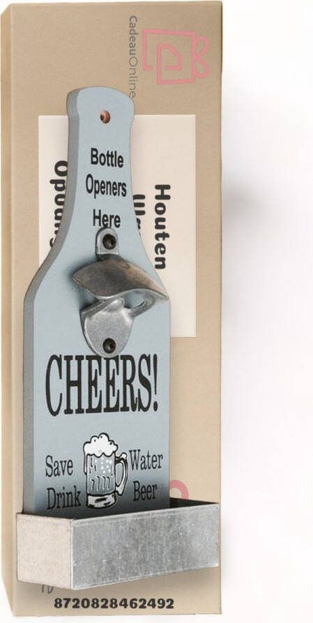 CadeauOnline Houten Wand Flesopener Met Opvangbak Cheers