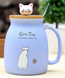 CadeauOnline Mok bedrukt met Kat Mok van keramiek met bamboe deksel en RVS lepel Inhoud 400 ml Purper
