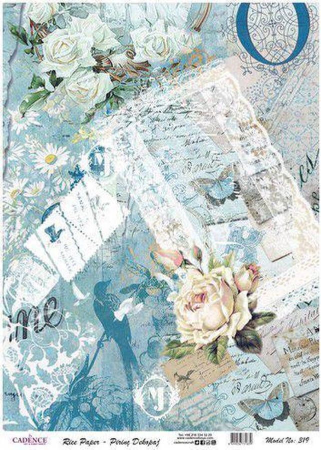 Cadence rijstpapier Vintage rozen post blauw Model No: 319 30x42cm