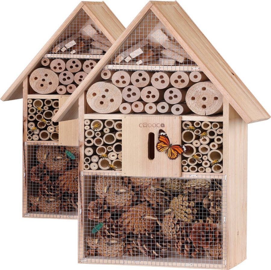 Cadoca Insectenhotel Set van 2 Puntdak Hout 31x10x48cm