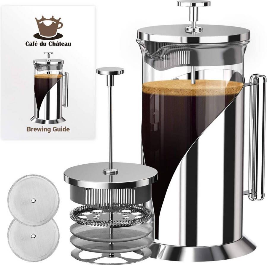 Cafe Du Chateau French Press Coffee Maker hittebestendig glas met 4 niveaus filtratiesysteem roestvrijstalen behuizing brouwt koffie en thee grote 36oz karaf koffie presser