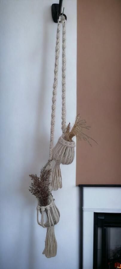 Cafuné Macramé Plantenhanger met 2 vaasjes Ecru-100cm lang Incl. vaasjes handgemaakt gerecycled katoen