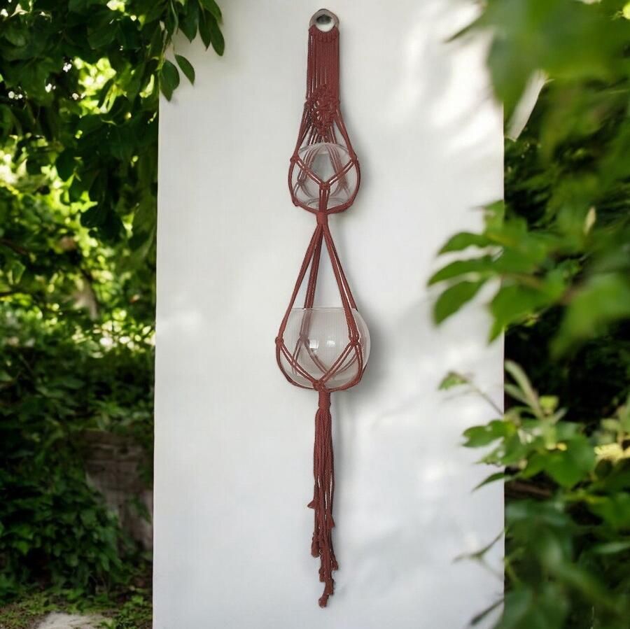 Cafuné Macramé Plantenhanger voor 2 potten-Terracotta-125cm lang-handgemaakt-Boho stijl