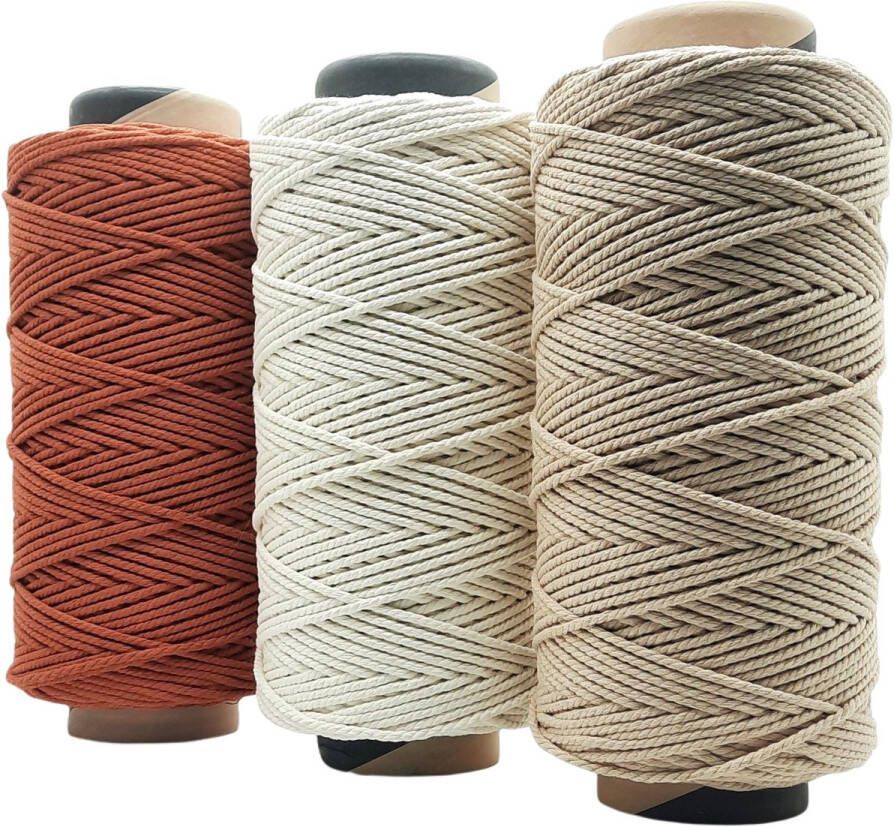 Cafuné Lux-Macramé Touw-3600 gr-4 mm-Terracotta Ecru Beige-205+199+240 meter-Driestrengs-Triple Twist-Gerecycled-Katoen Koord-Touw-Uitkambaar-Plantenhanger-Wandkleed-Sleutelhanger-Dromenvanger-Macramé Koord-Macramé Pakket