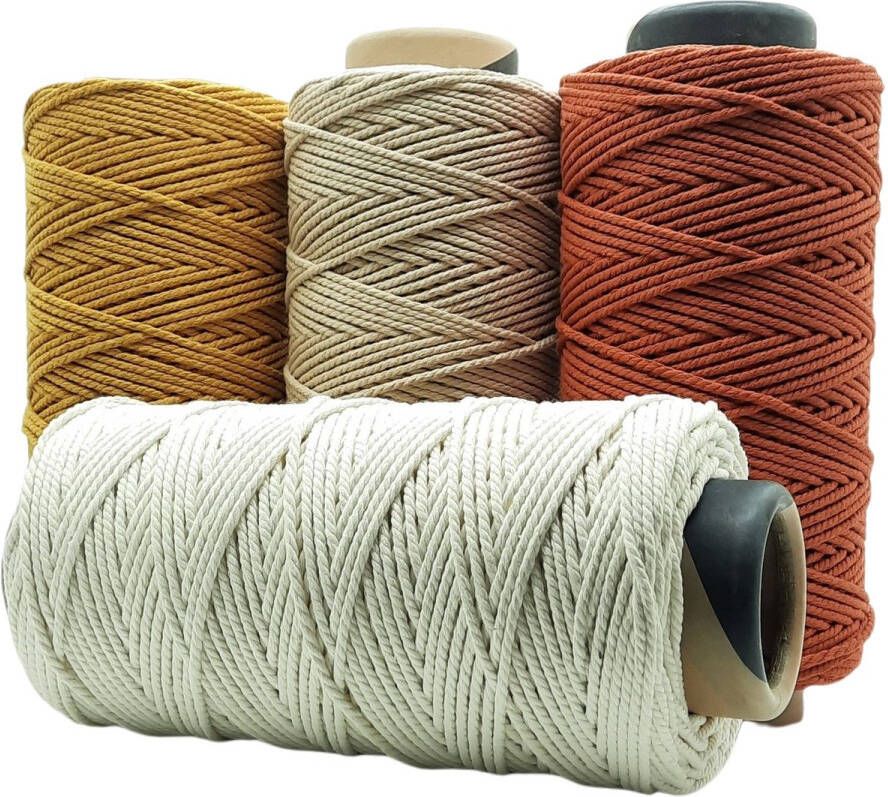 Cafuné Lux-Macramé Touw-4800 gr-4 mm-Terracotta Ecru Beige Oker-205+199+240+220 meter-Driestrengs-Triple Twist-Gerecycled-Katoen Koord-Touw-Uitkambaar-Plantenhanger-Wandkleed-Sleutelhanger-Dromenvanger-Macramé Koord-Macramé Pakket