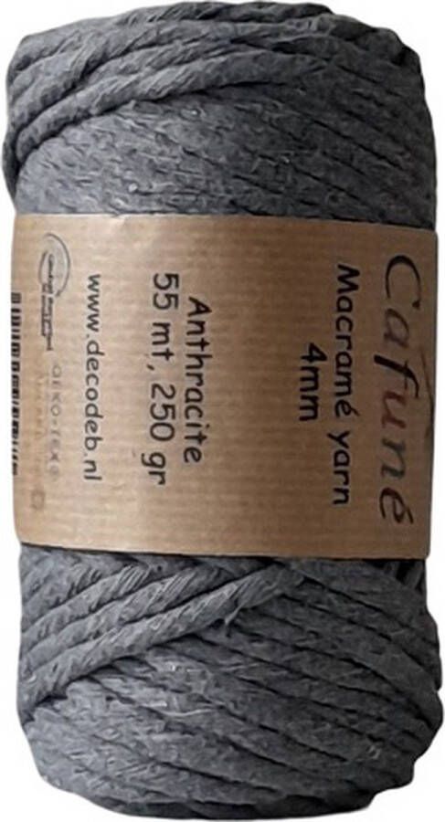 Cafuné Macramé Garen-Antraciet-4mm Single Twist–55 meter-Uitkambaar-Gerecycled katoen-Koord-Touw-Plantenhanger-Wandkleed-Sleutelhanger-Dromenvanger-Macramé Pakket