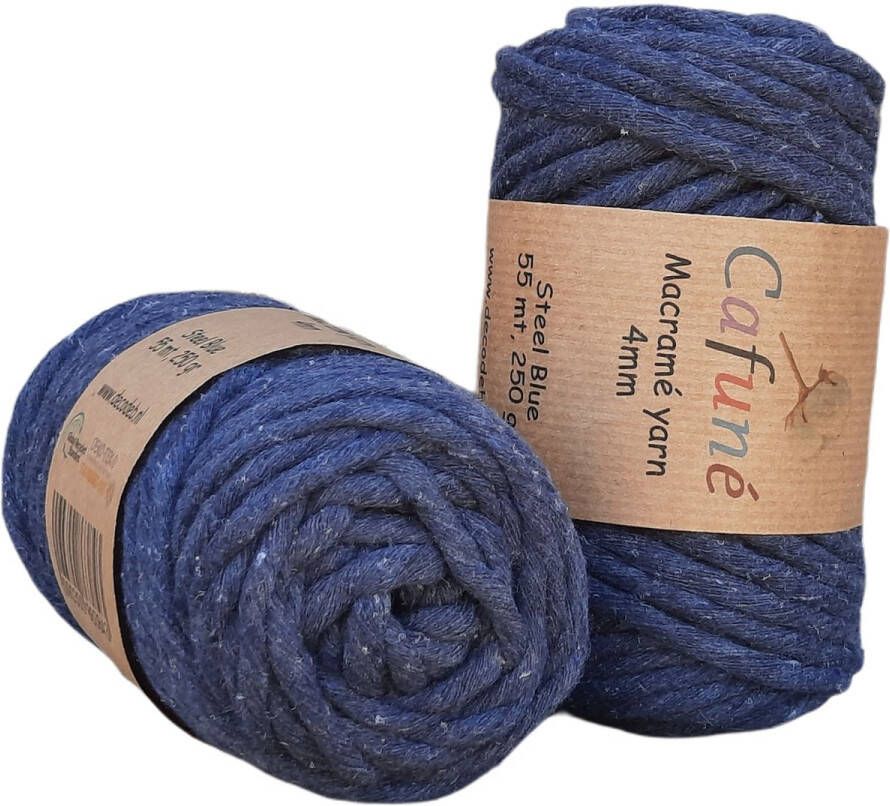 Cafuné Macramé Garen-Steel Blue-4mm Single Twist–55 meter-Uitkambaar-Gerecycled katoen-Koord-Touw-Plantenhanger-Wandkleed-Sleutelhanger-Dromenvanger-Macramé Pakket