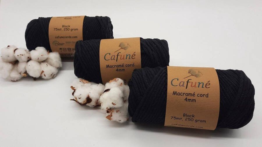 Cafuné Macrame Koord-4mm-Zwart-Klos 65 meter-gerecycled katoenkoord niet uitkambaar