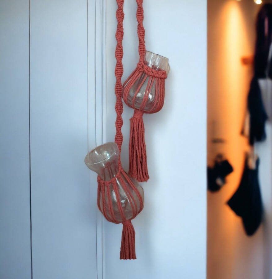 Cafuné Macrame Pakket DIY Plantenhanger voor 2 vaasjes Terracotta 100cm incl. instructiefilm Kerstpakket Kerstcadeau