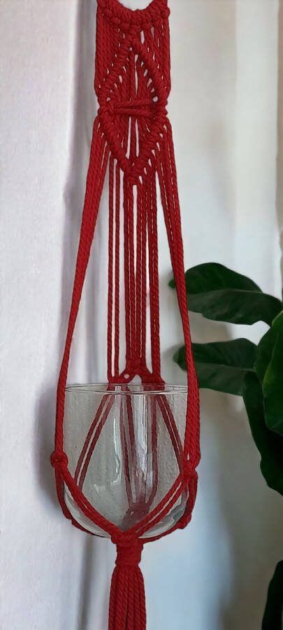 Cafuné Macramé Plantenhanger Rood 85cm lang Excl. pot handgemaakt gerecycled katoen