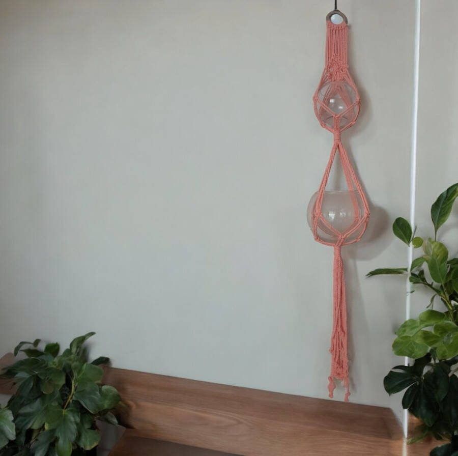 Cafuné Macramé Plantenhanger voor 2 potten-Neon roze-125cm lang-handgemaakt-Boho stijl-Cadeau