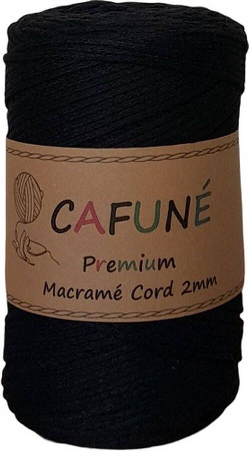 Cafuné Macramé koord Premium -2mm-Zwart-230m-250-Gevochten koord-Gerecycled katoen-Koord-Macrame-Haken-Touw-Garen