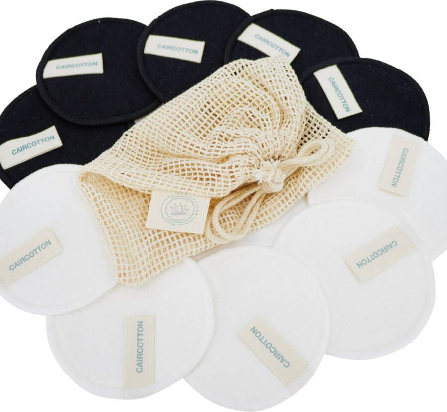 CAIRCOTTON 10 Cotton Cleansing Pads Reusable + Bag Makeup Remover Combi Set 5 White + 5 Black Pads Make-up Remover Skin Cleansing Pads Washable Zachte Wattenschijfjes Herbruikbaar Katoen Inclusief Waszakje Wasmachine Cotton Cleansing