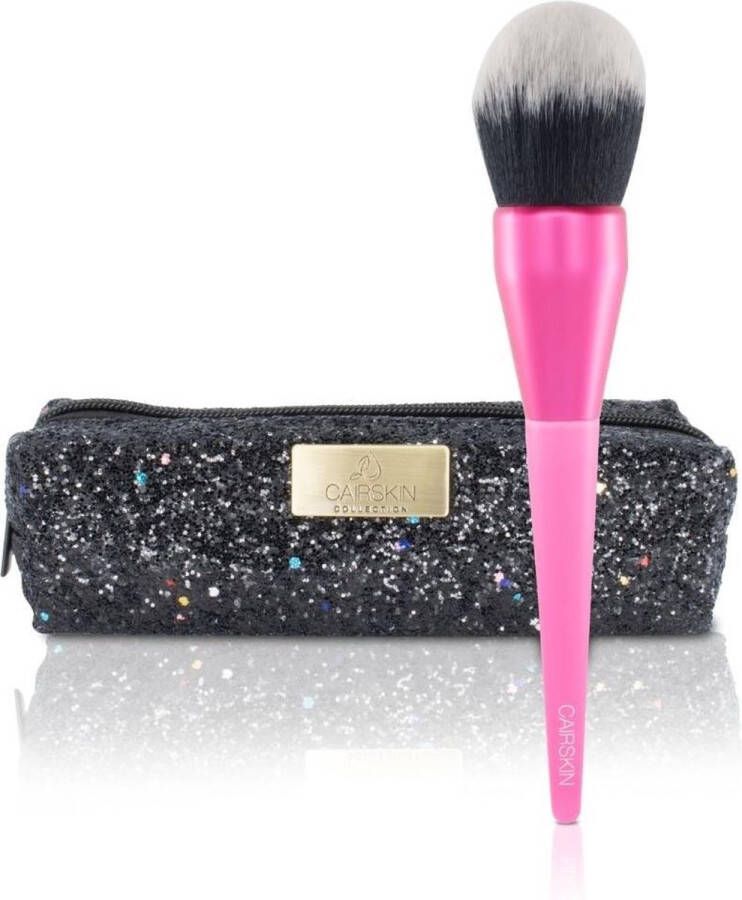 CAIRSKIN Neon Pink Powder Brush + Beauty Clutch Etui Poeder Penseel Gezichtspoeder Setting Powder Makeup Finish Professionele Makeup Brush
