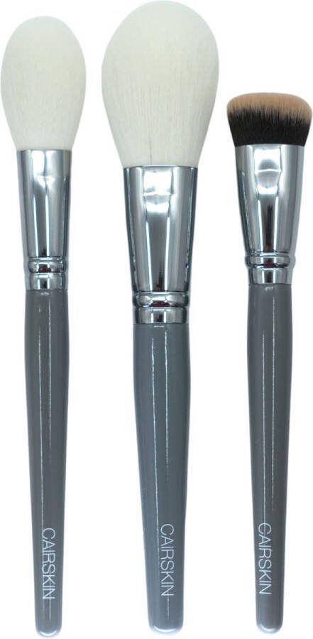 CAIRSKIN Professional Brush Set 3 Silver Gloss Face Make-up Brushes Set Synthethic Super Soft Quality Fibers Wooden Gray Handles Blending Powder Brushes Concealer Contouring Zachte Blending Kwastenset