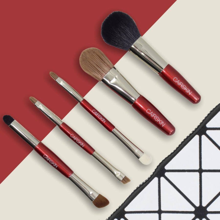 CAIRSKIN Professional Brush Set 5 Cherry Red Travel Brush Set + Beauty Etui Make-up Kwasten Vegan Synthetic Fibers Professionele Make-up Penselen Basic Make-up Application