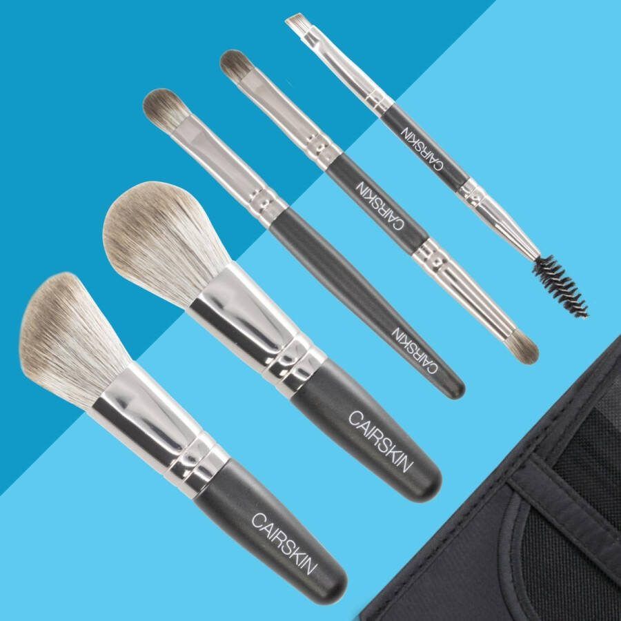 CAIRSKIN Professional THE BASICS Mini Brush Set Trending Travel Set + Beauty Etui New 2022 Face Foundation Blush Highlighter & Powder Eyes Smokey Blending & Defining Brushes Vegan Professionele Synthetische Kwasten