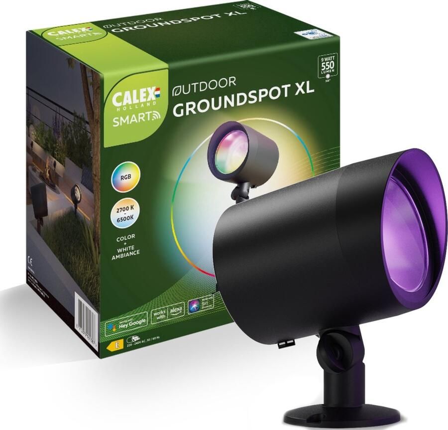 Calex Smart Outdoor LED XL Grondspot Slimme Tuinverlichting Waterdicht Prikspot RGB en Warm Wit Licht Tuinspot 9W Zwart