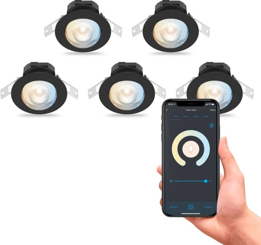 Calex Slimme Inbouwspots Set van 5 stuks Smart LED Downlight Dimbaar Kantelbaar Warm Wit Licht Zwart