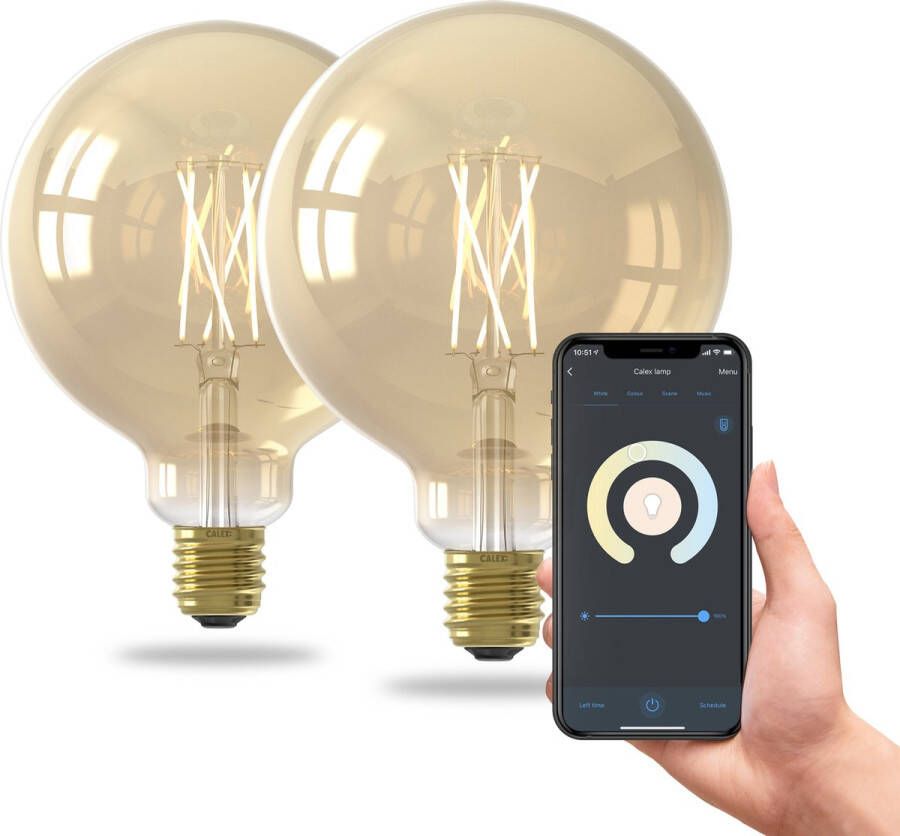 Calex Slimme Lamp Set van 2 stuks Wifi LED Filament Verlichting Globe 12 5cm E27 Smart Lichtbron Goud Dimbaar Warm Wit licht