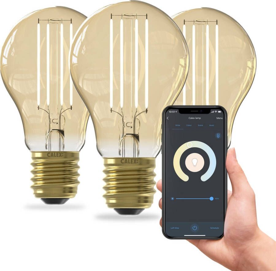 Calex Slimme LED Lamp Set van 3 stuks Wifi Filament Verlichting E27 Smart Lichtbron Goud- Dimbaar Warm Wit licht 7W