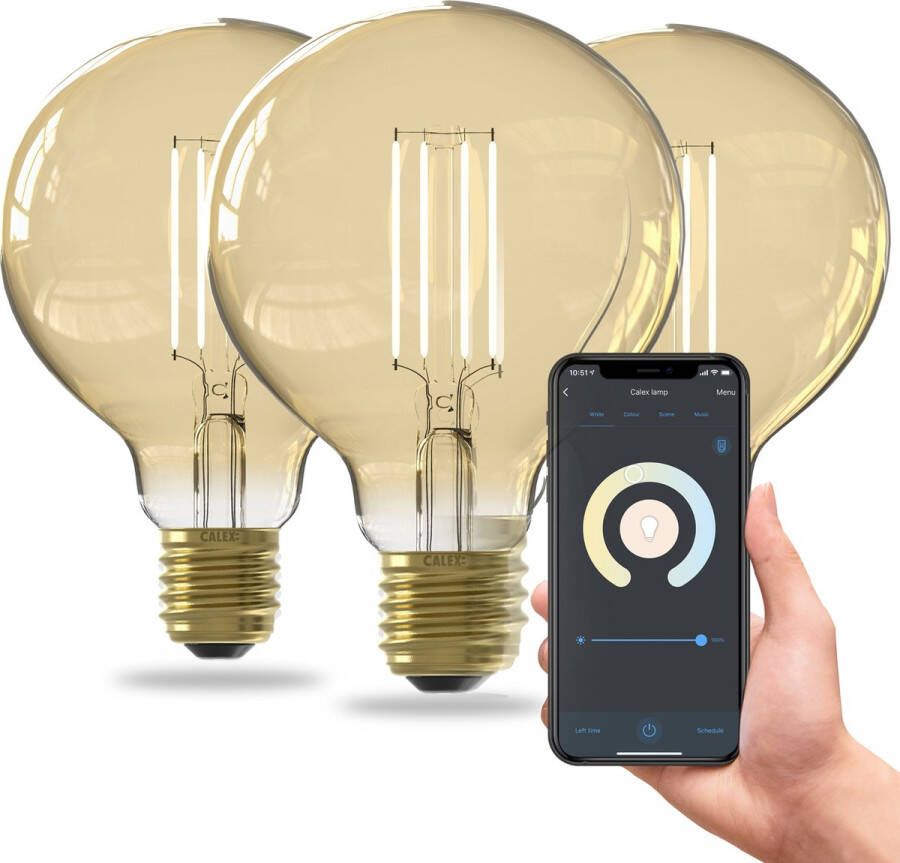 Calex Slimme LED Lamp Set van 3 stuks Wifi Filament Verlichting Globe 9 5cm E27 Smart Lichtbron Goud- Dimbaar Warm Wit licht 7W