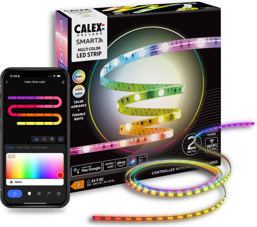 Calex Smart LED Strip 2M Slimme Lichtstrip RGBIC+CCT App bedienbaar Binnengebruik 12W