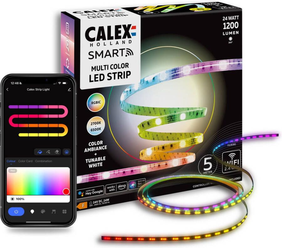 Calex Smart LED Strip 5M Slimme Lichtstrip RGBIC+CCT App bedienbaar Binnengebruik 24W