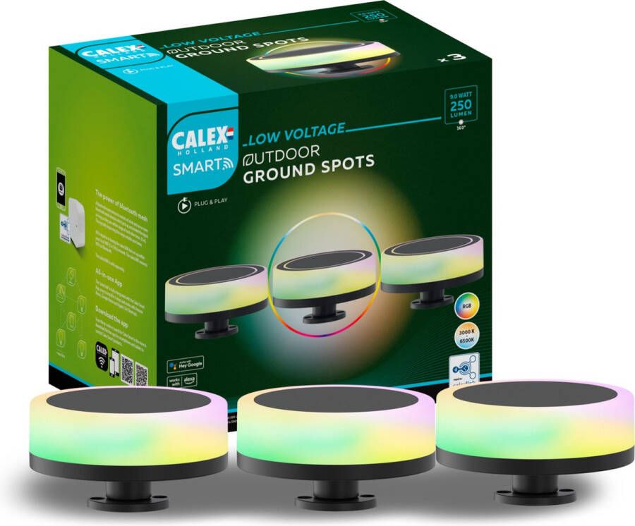 Calex Smart Outdoor 24v Tuinverlichting Set van 3 Padverlichting Slimme Grondspot RGB en Warm Wit Licht Zwart
