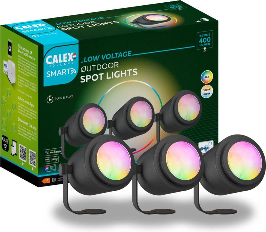 Calex Smart Outdoor 24v Tuinverlichting Set van 3 Slimme Grondspots RGB en Warm Wit Licht Zwart