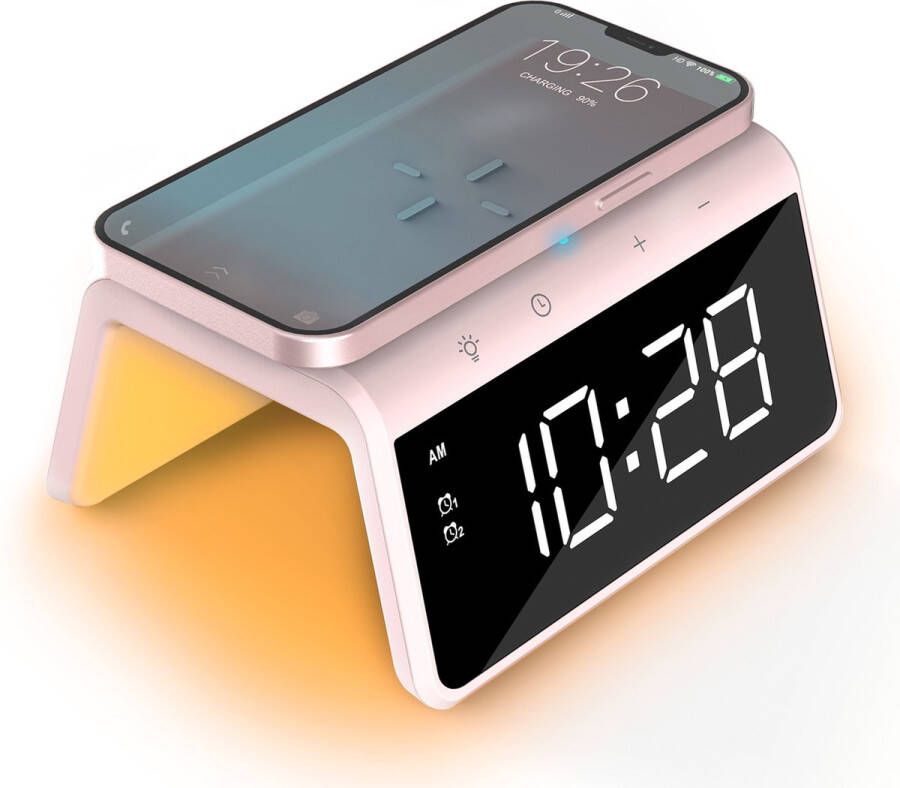 Caliber Digitale Wekker met Draadloze Oplader Wake Up Light Digitale Klok Dimbaar Twee Alarmen geschikt als kinderwekker Nachtlamp Kleur Roze (HCG019QI-PI)