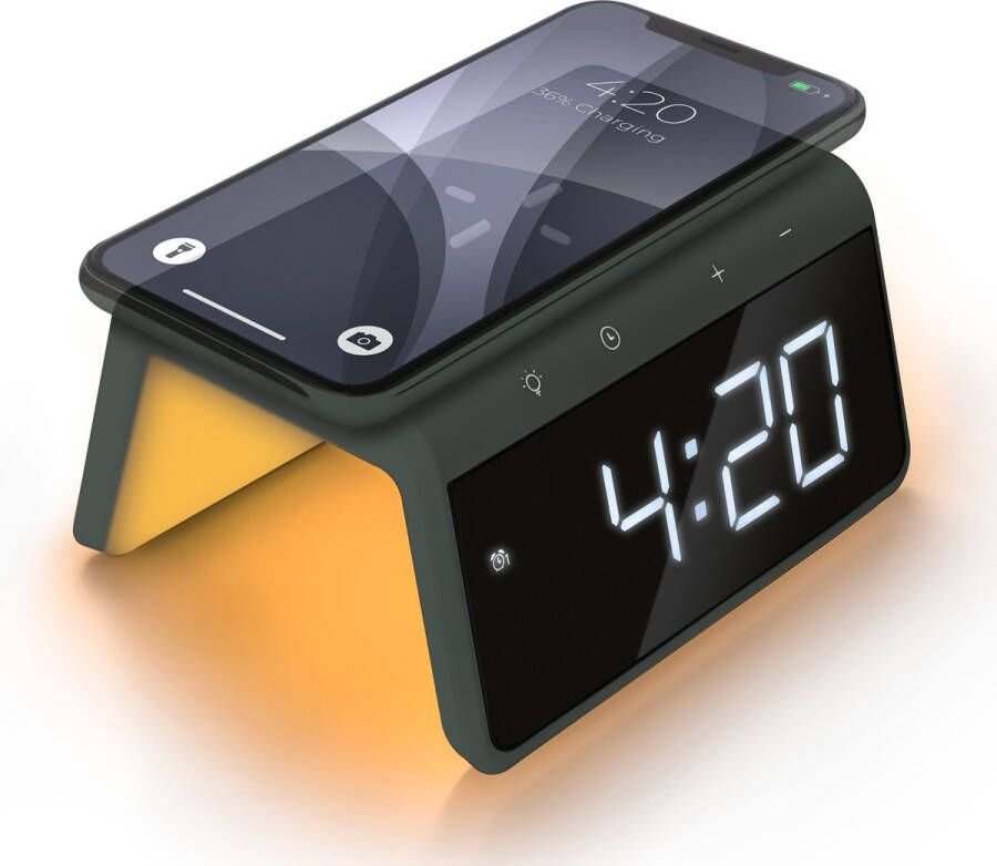 Caliber Digitale Wekker met Oplader Draadloze oplader Qi QC3.0 15 Watt Snellader Dual Alarmklok geschikt als kinderwekker 8 Kleuren Nachtlamp Kleur Groen (HCG019QI-MG)