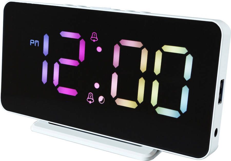 Caliber Slimline Wekker Digitale Klok Slaapkamer Twee alarmen Groot Meerkleurig Display USB Oplader Wit (HCG024)